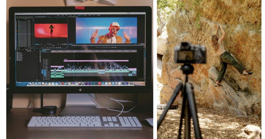 Two image examples of video. Left side image shows an editing software, editing a video. Right side image shows behind a camera filming a woman rock climbing.