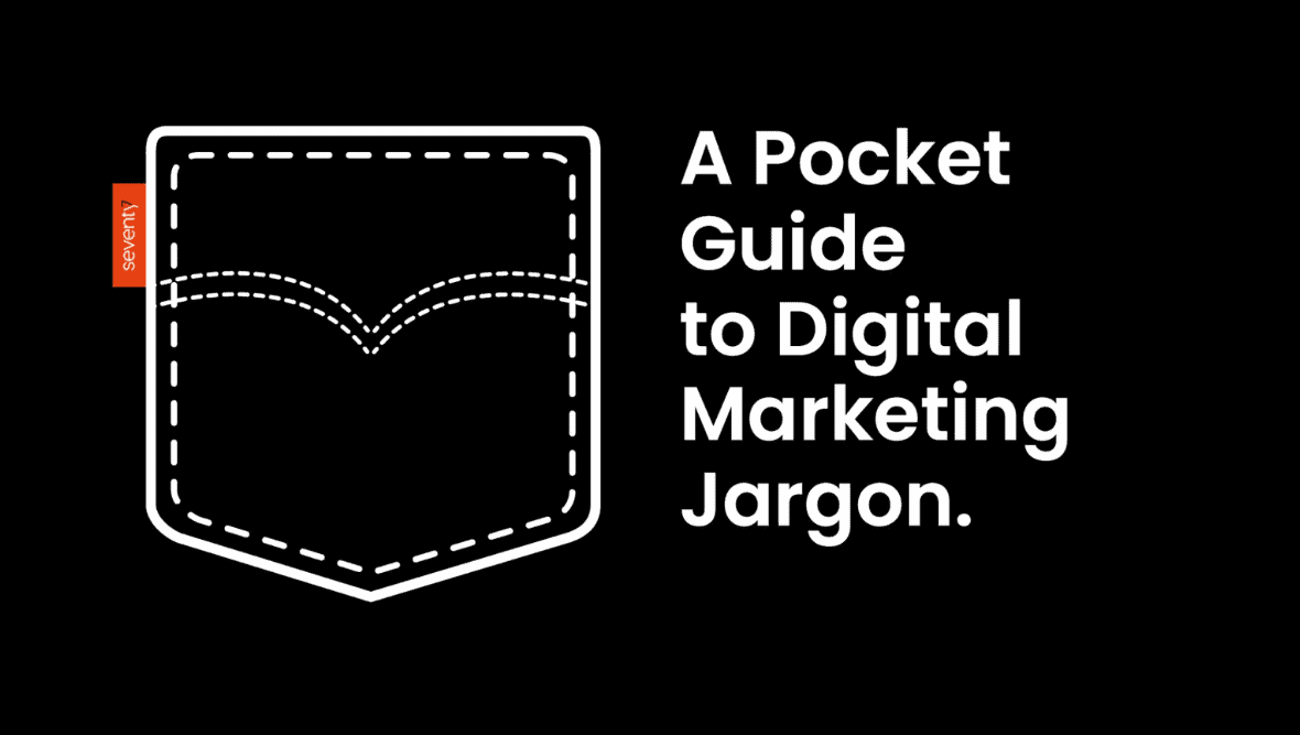 Graphic of sewn pocket with text on the right with "A pocket guide to digital marketing jargon"