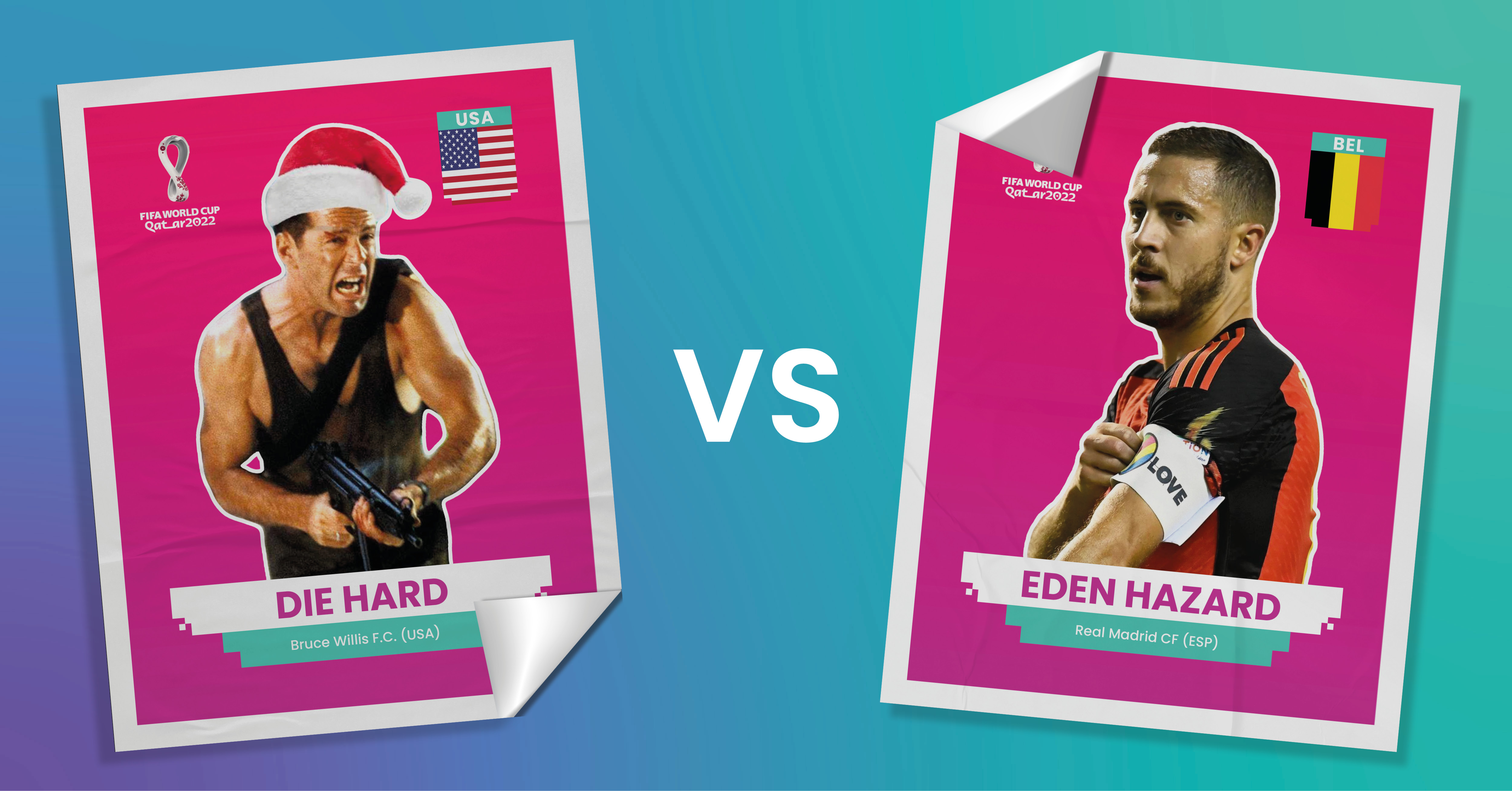 Bruce Willis from Die Hard and Eden Hazard are mocked up as a World Cup Panini Sticker.
