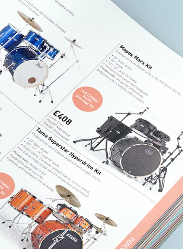 Close up of drumkit in Dawsons catalogue.