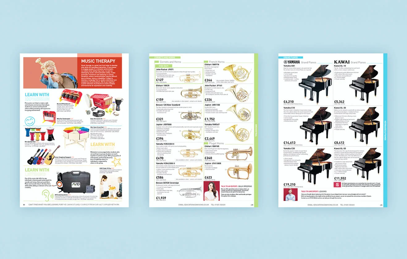 3 pages of Dawsons musical instrument catalogue on pale blue background.