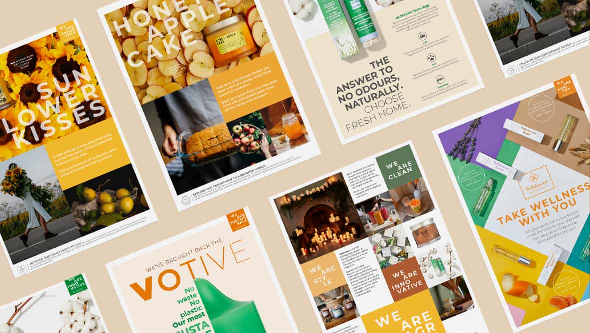 Montage of PartyLite catalogue pages on a pale peach background.