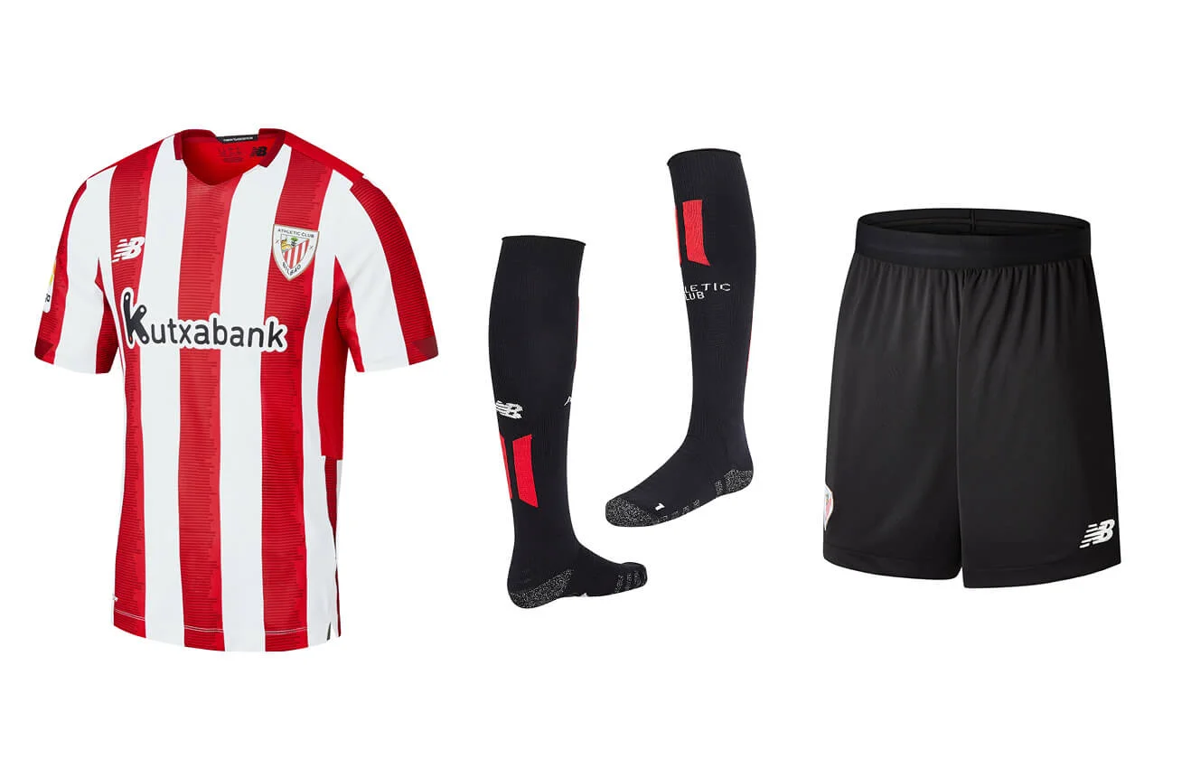 New Balance red and white t-shirt, black socks and black shorts on white background.