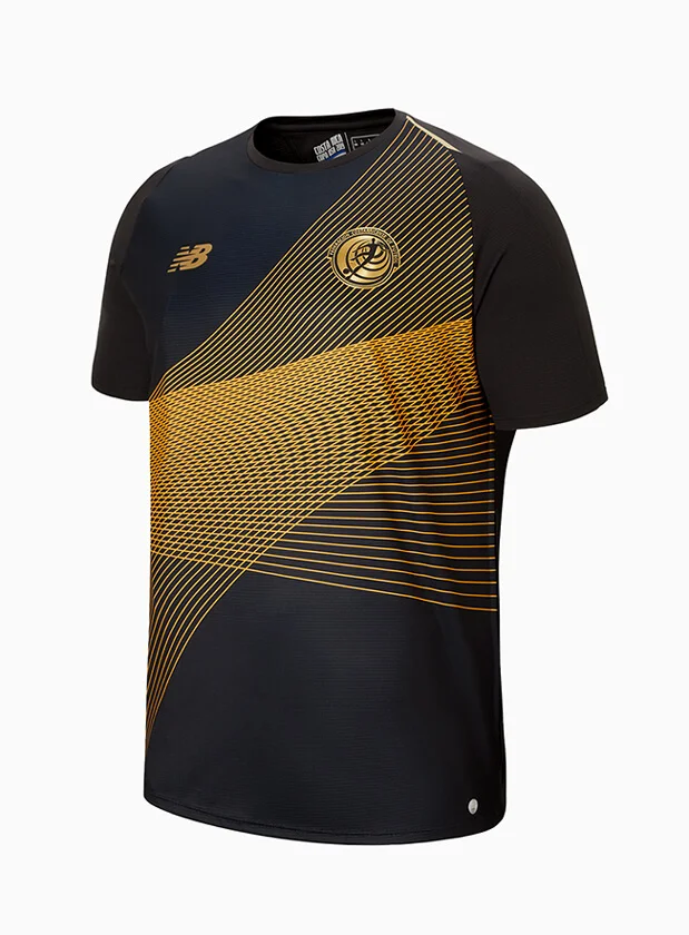 Black and gold New Balance sports t-shirt on white background.