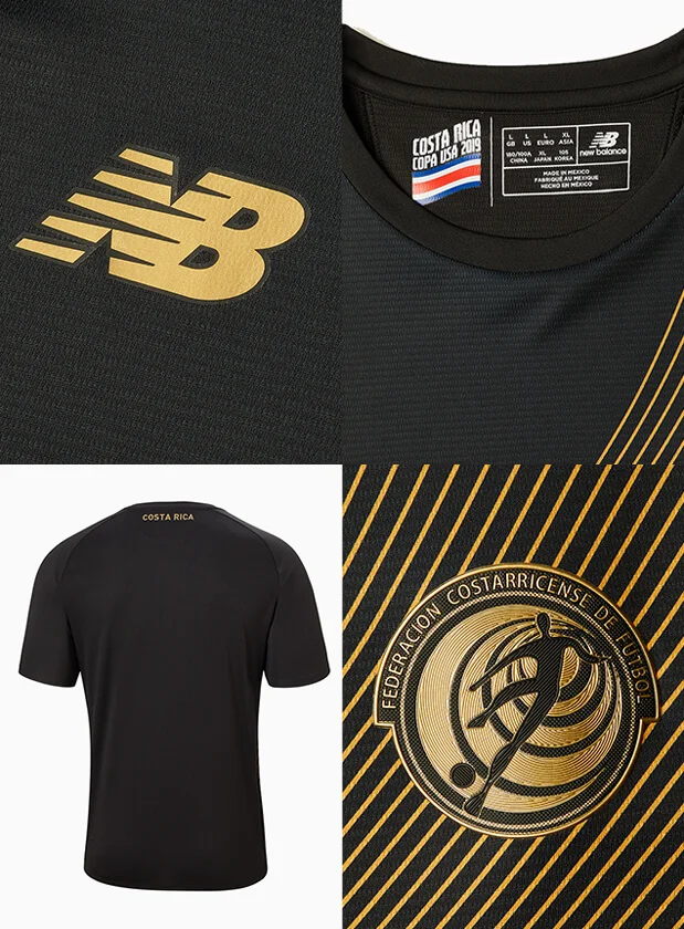 Close up shots of New Balance sports tee including logo, neckline and badge.