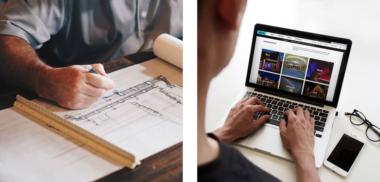 A hand sketching mock up of lighting plan accompanied by two hands working at a computer.