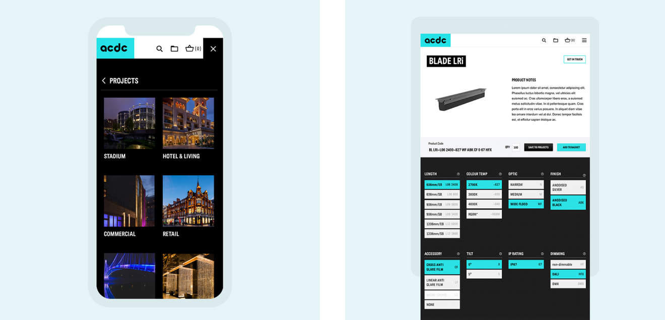 Example of ACDC Lighting website pages on mobile and tablet devices by Seventy7.
