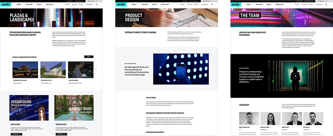Example of ACDC Lighting website pages on desktop by Seventy7.