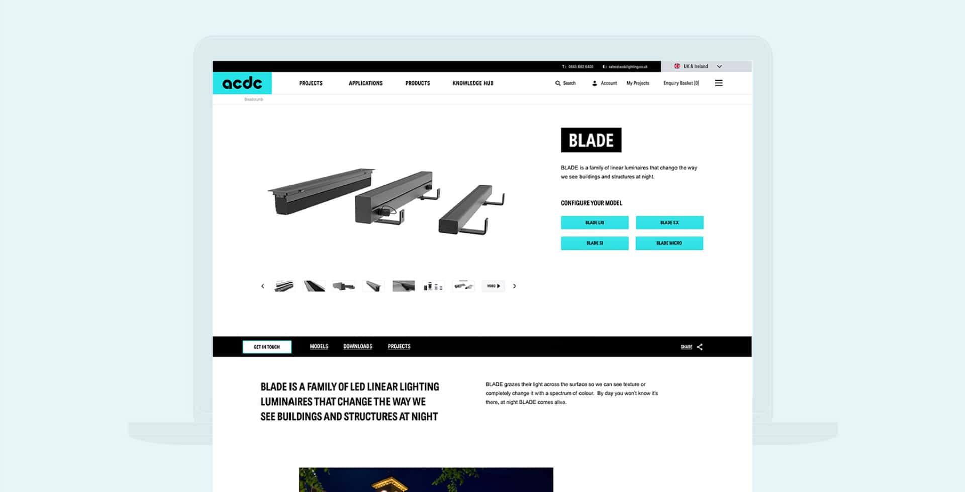 Example of ACDC Lighting product pages on desktop by Seventy7.