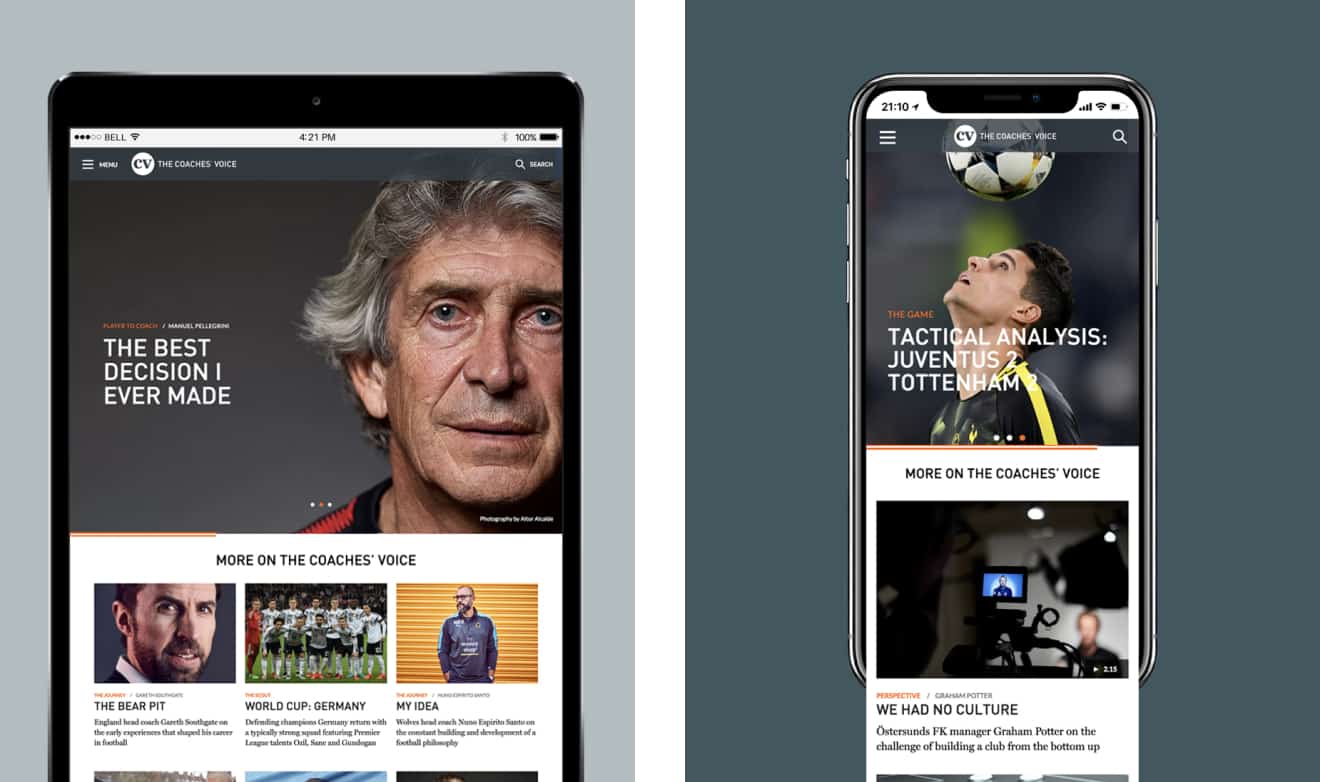 Examples of The Coaches Voice website on tablet and mobile device.