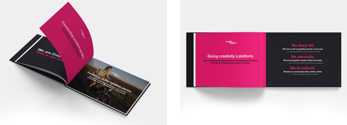 Creative England brochure open on white background.