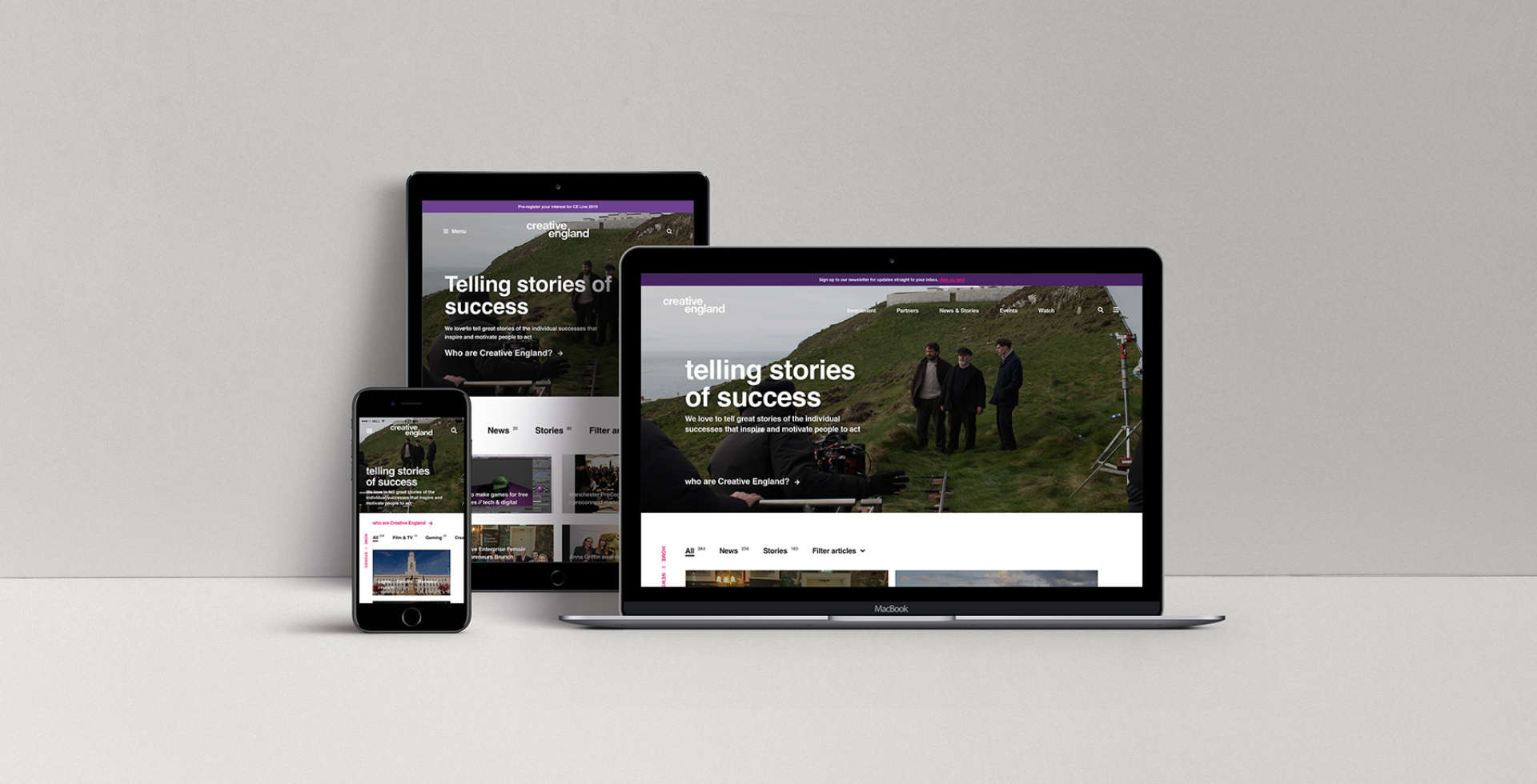 Examples of Creative England website on desktop, mobile and tablet device.