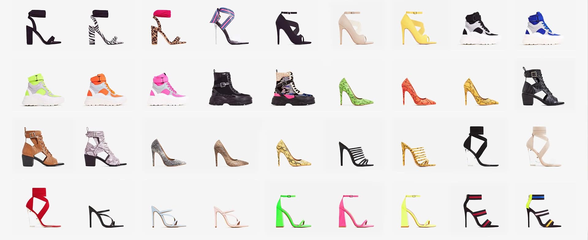 4 rows of 9 different types of shoes from Ego shoes.