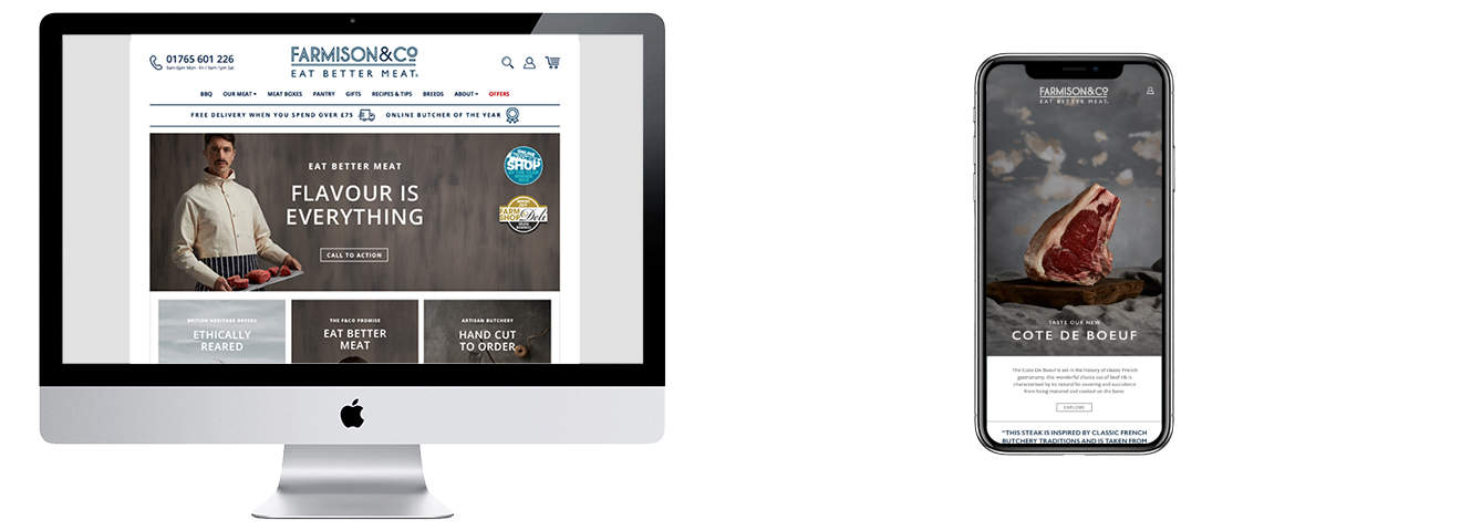A desktop computer screen and a smart phone on white background each depicting Farmison & Co web pages.