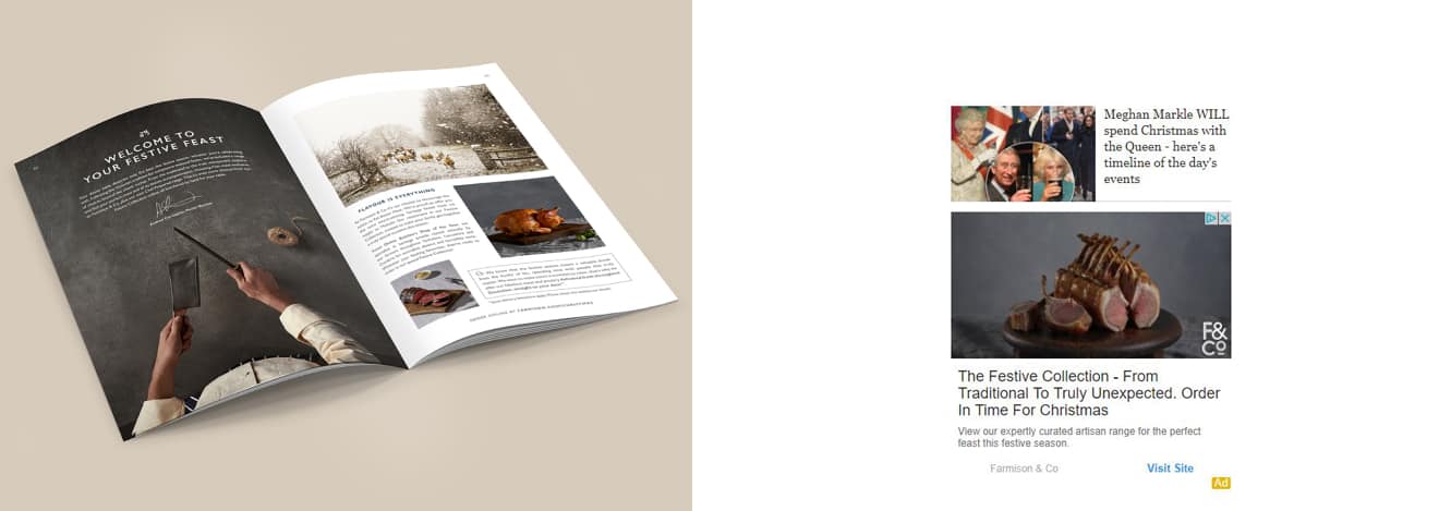 Farmison & Co brochure open on beige background next to an example of a paid media advertisement.