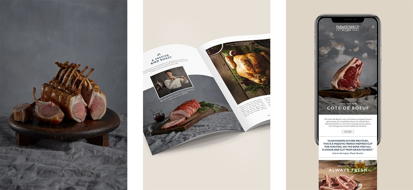 Rack of meaty ribs on table with an example of Farmison & Co's brochure and screenshot of their website on a smart phone.