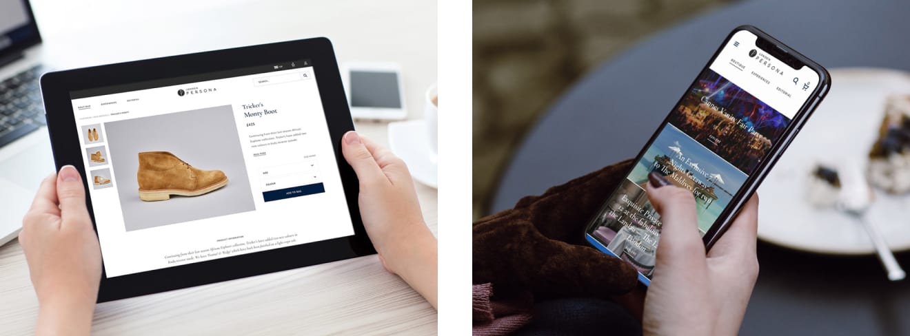Hands holding a tablet and a smart phone, each depicting a page from London Persona's website.