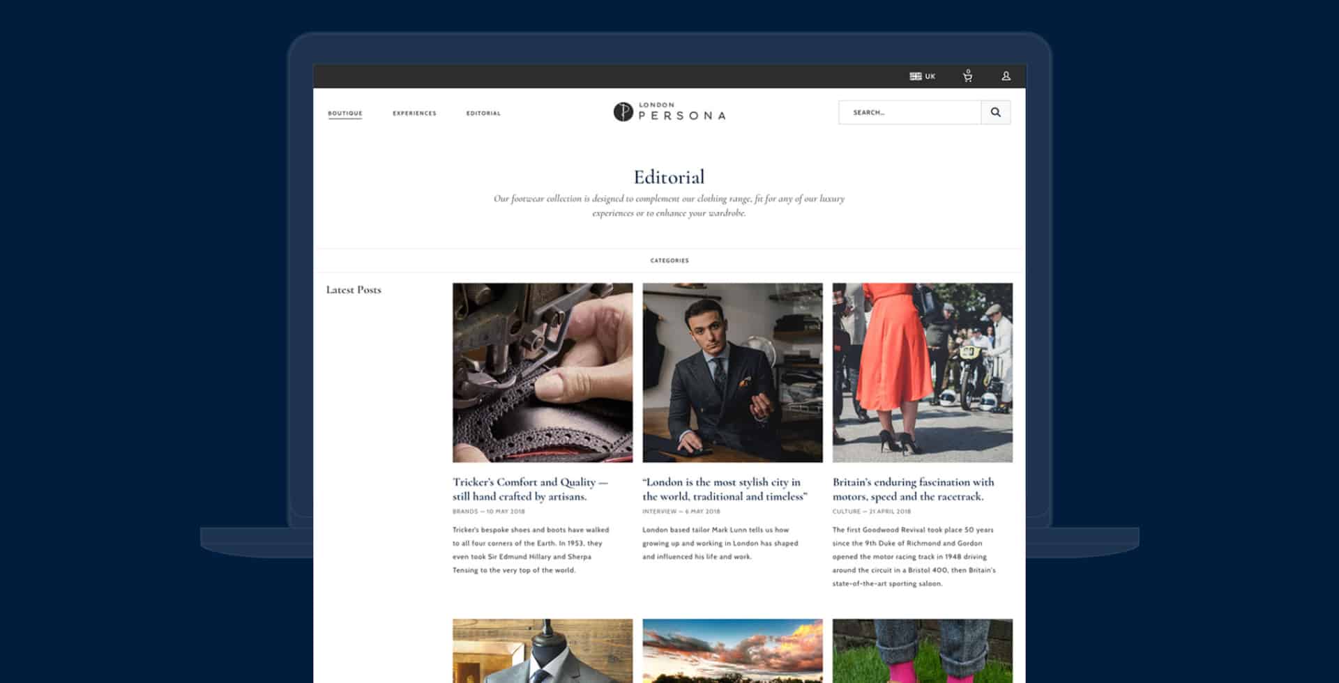 Screenshot of London Persona Editorial page on navy blue background.