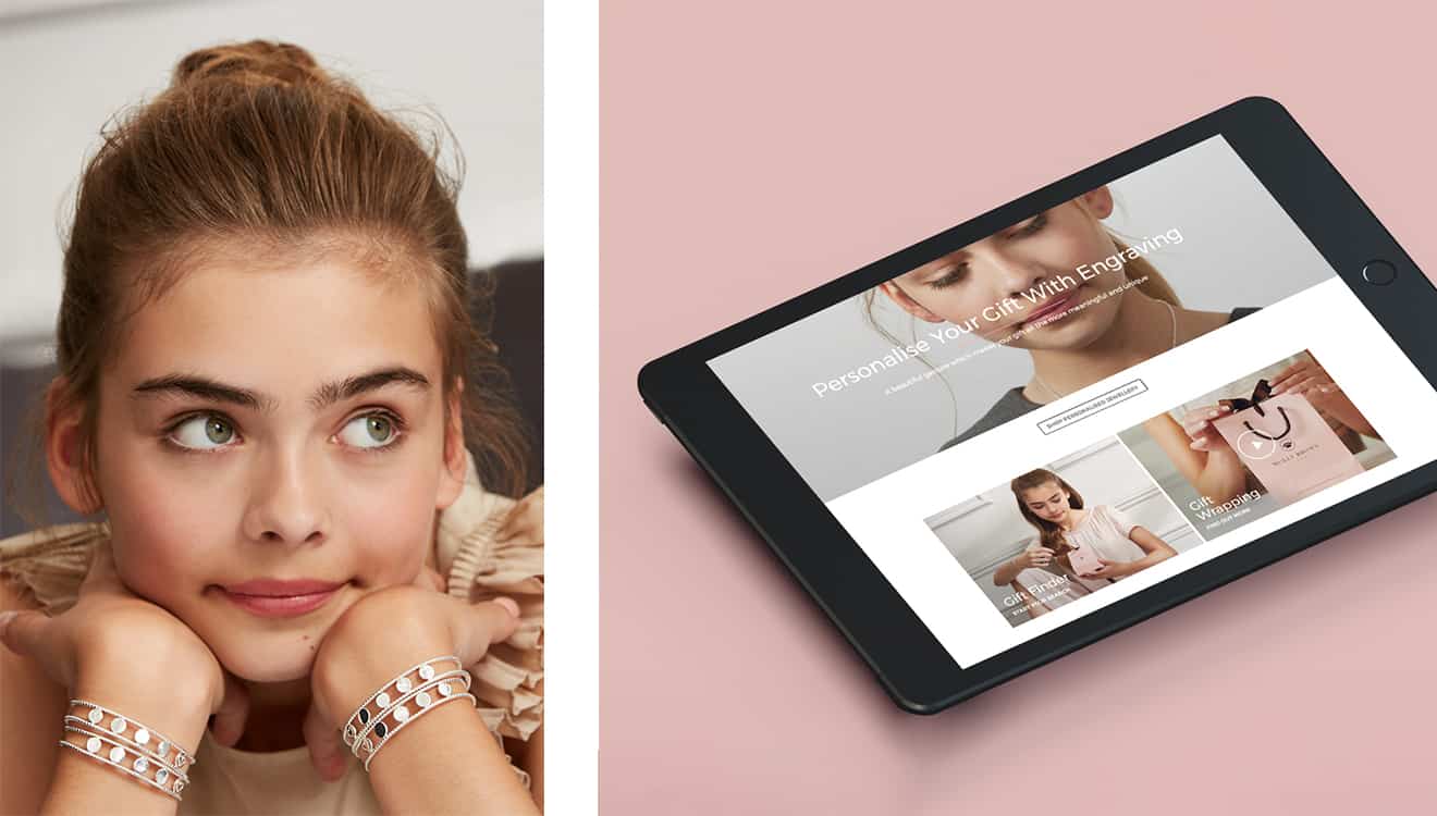 A young girl wearing Molly Brown bracelets with a tablet computer on a pink background showing Molly Brown website.