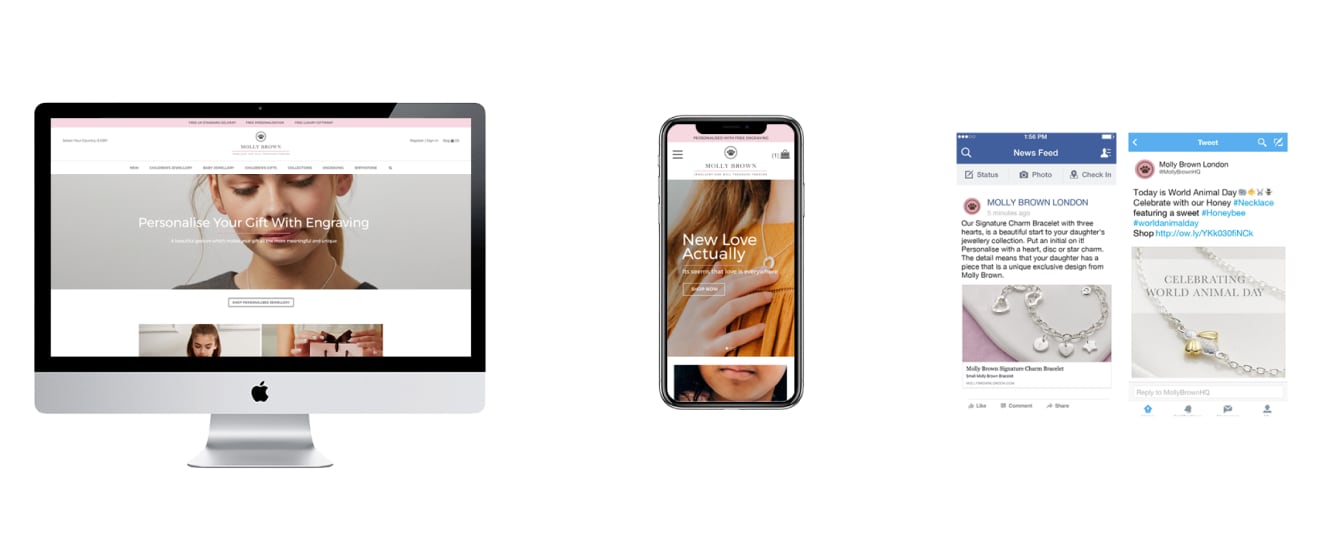 A desktop screen, a smart phone screen and two screenshots depicting Molly Brown website and social media pages.