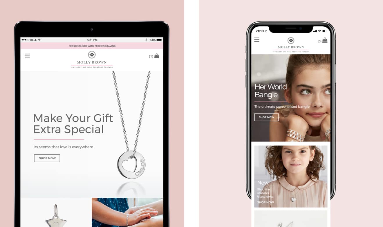 On-device example of Molly Brown website's mobile and tablet friendly pages by Seventy7.
