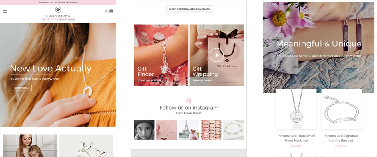 3 screenshot examples of Molly Brown website's mobile friendly pages by Seventy7.