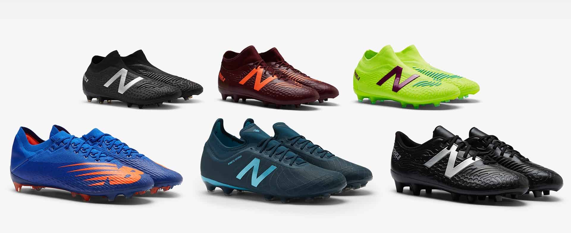 6 different pairs of New Balance football boots.
