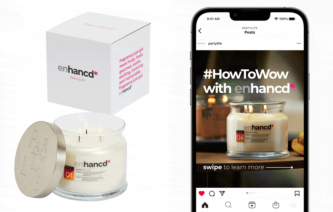 PartyLite enhancd* candle with cube packaging and gif of social media post.
