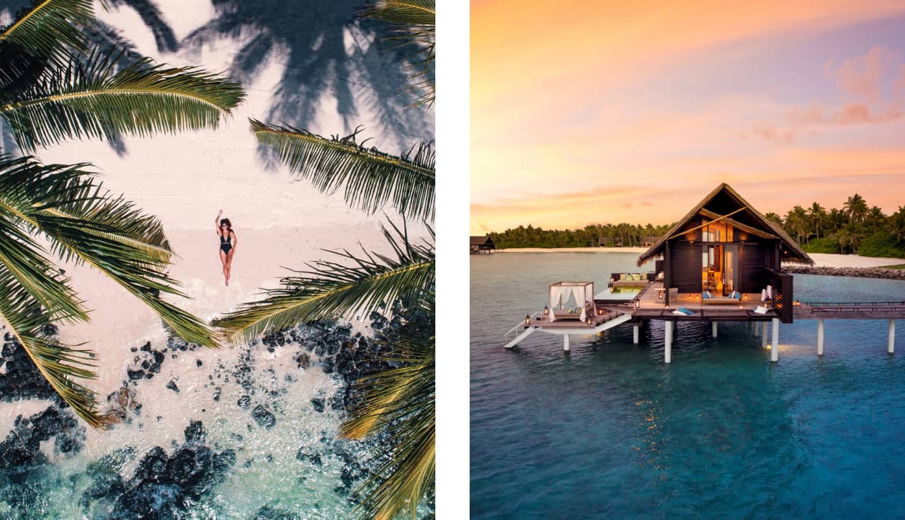 left image is birdseye view of woman led on sandy beach, right image is a luxury wooden building built over water.