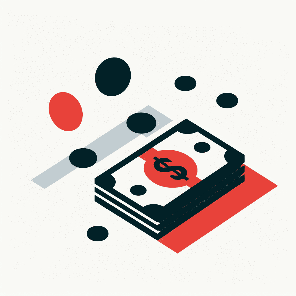 A black, grey and orange icon depicting money.