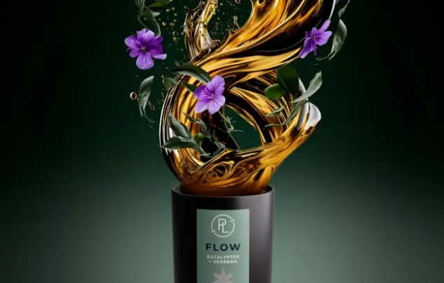 CGI generated image of PartyLite CBD Flow candle with oil and lavender petals swirling above wick.