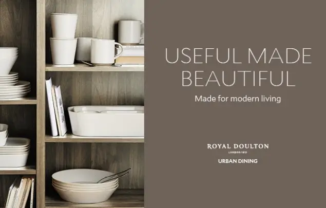 Creative campaign artwork for Royal Doulton with crockery on wooden shelves.