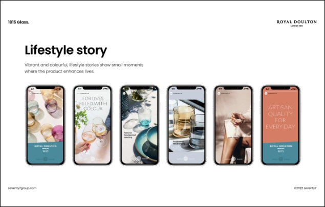 6 smartphone screens displaying different Royal Doulton social media stories.