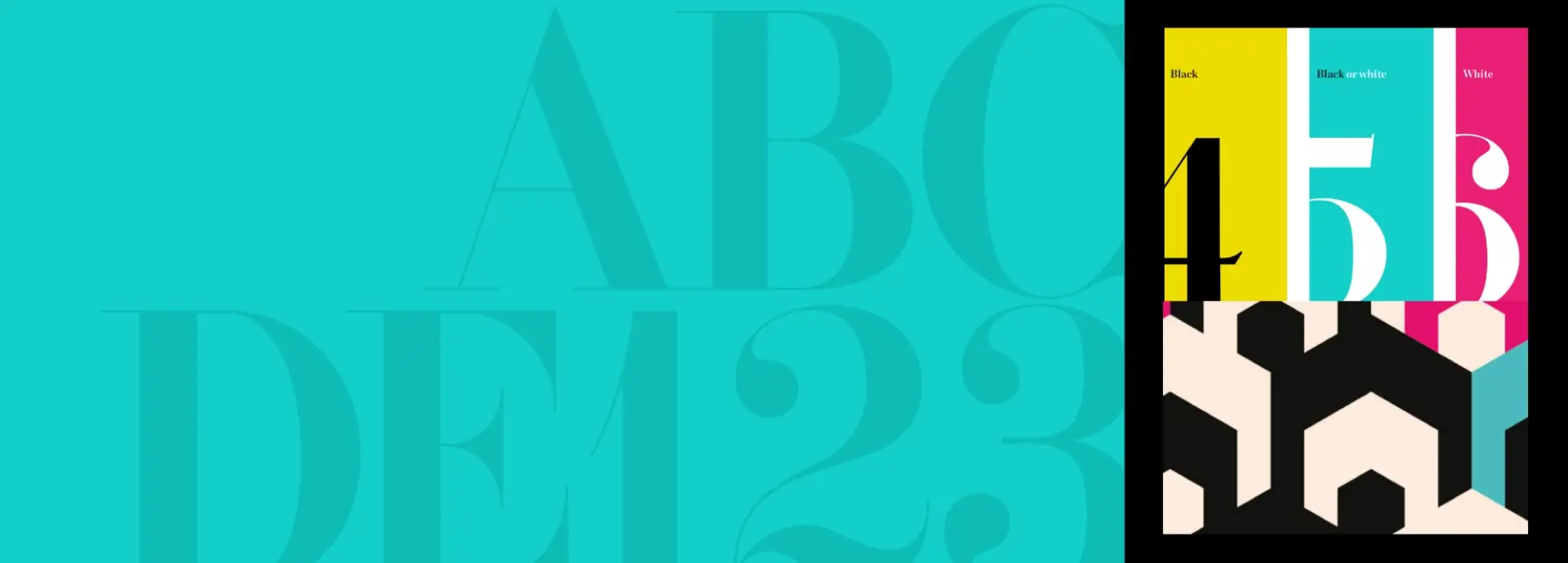 Large teal rectangle with darker teal typography next to black rectangle with smaller colourful rectangles.
