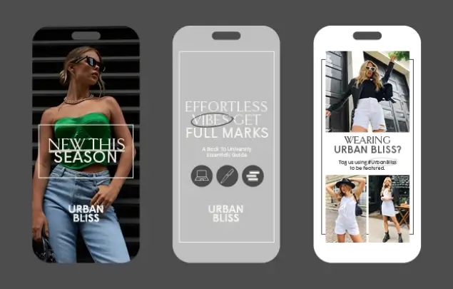 3 smartphone screenshots of Urban Bliss social media artwork on grey backgorund.