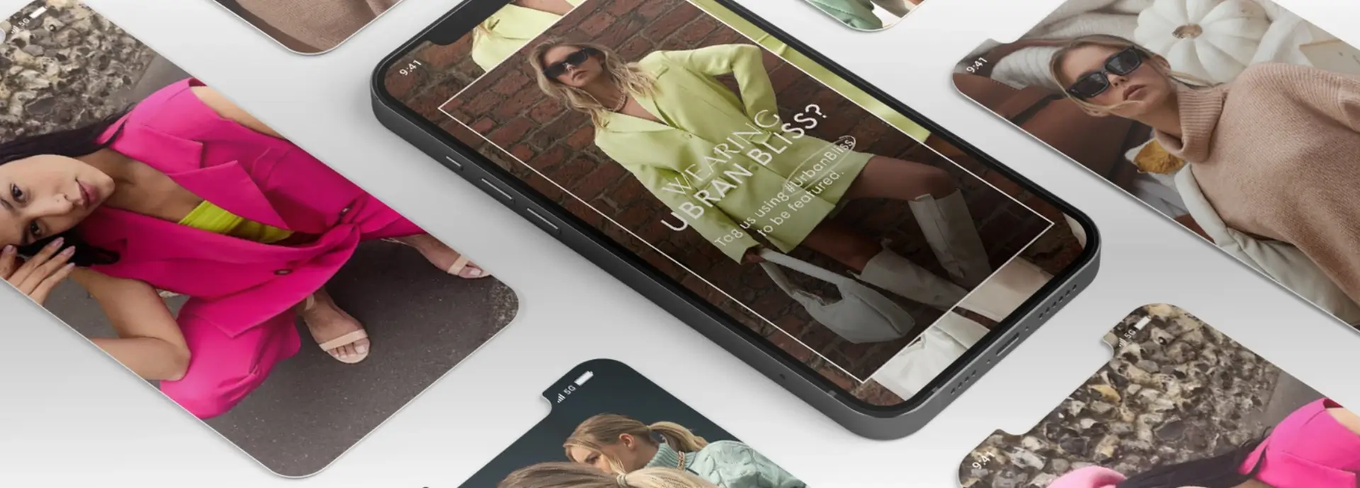 Smartphone with Urban Bliss model imagery, surrounded by screenshots of alternative Urban Bliss Images.