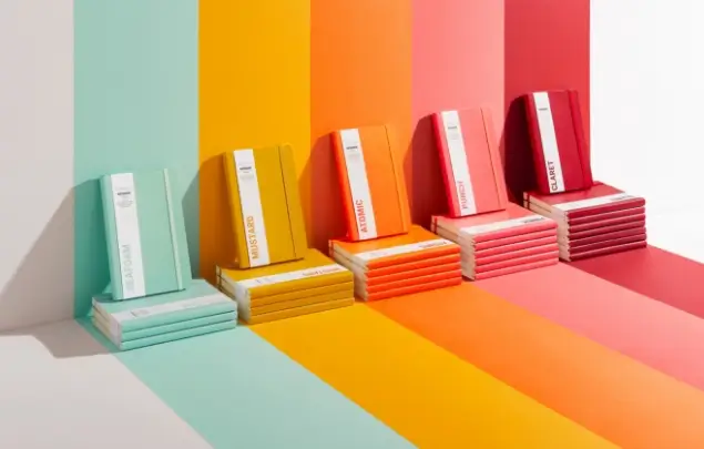 5 different coloured notebooks placed in front of a wall striped with the same colours.
