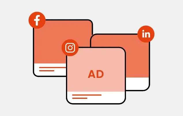 Orange squares with a social media icon in a circle overlapping.