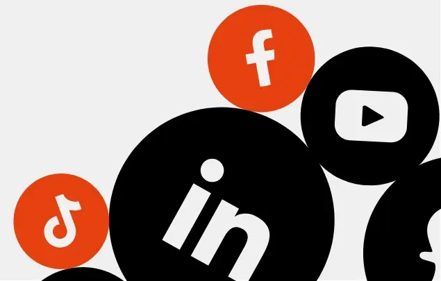 Social media icons in orange and black circles of different sizes.