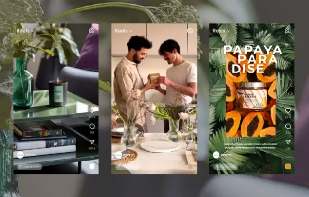 Trio of screenshots of PartyLite social media reels with candles and two men opening a PartyLite candle box.