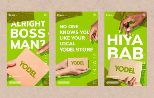 Trio of screenshots of Yodel social media reels with hands holding parcels.