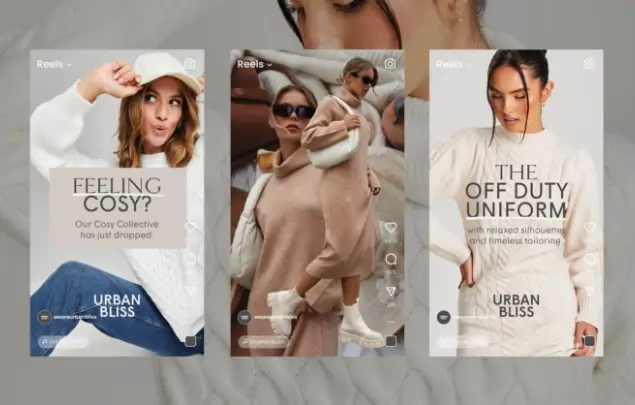 Trio of screenshots of Urban Bliss social media reels with female models posing in knitwear.
