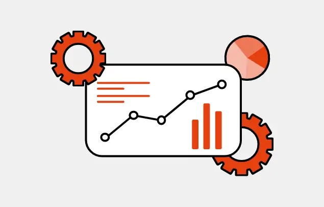 Black and orange lines depicting charts, line graphs and cogs.