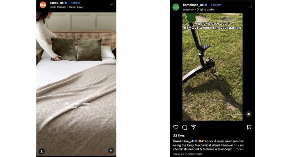 Screenshot examples of B&Q and Homebase's social media posts.