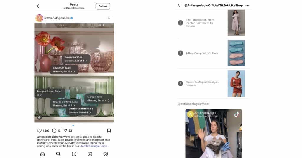 Screenshots of Anthropologie's social media posts with shopable feed