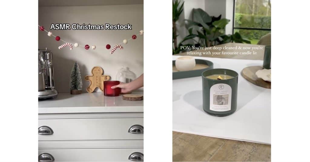 A screenshot of social media posts from a candle company showing trending TikTok content.