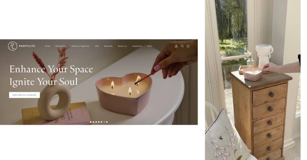 An example of a screenshot from a website banner selling a candle and a still from a social media video of a candle being lit.
