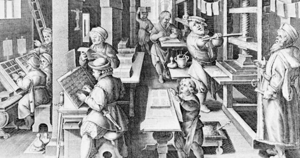 Historic image of news press printing workers.