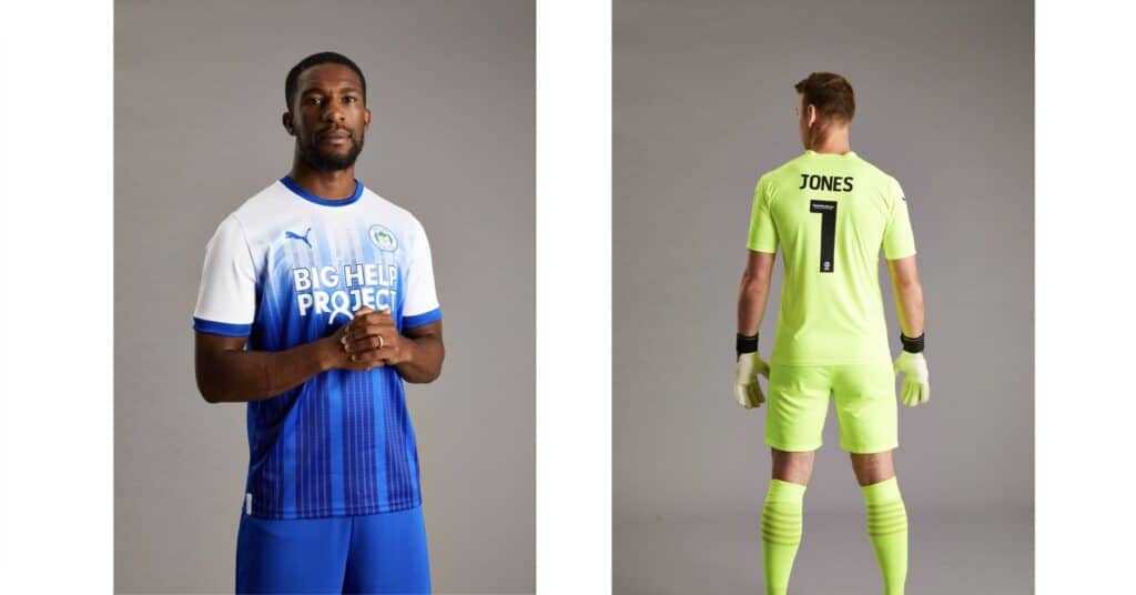 Two images of footballers modelling a new football kit in a photography studio.