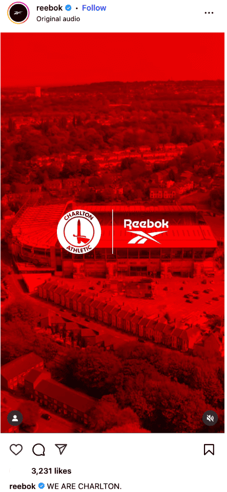 Screenshot image of a teaser posted on Instagram, announcing football club Charlton Athletic's collaboration with Reebok.